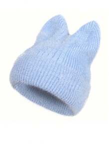 Gestrickte Mütze für Damen mit niedlichen Katzenohren, warmer Beanie, dehnbare Strickkomposition, lässige Outdoor-Mode, einfarbig, Polyester, Herbst/Winter
