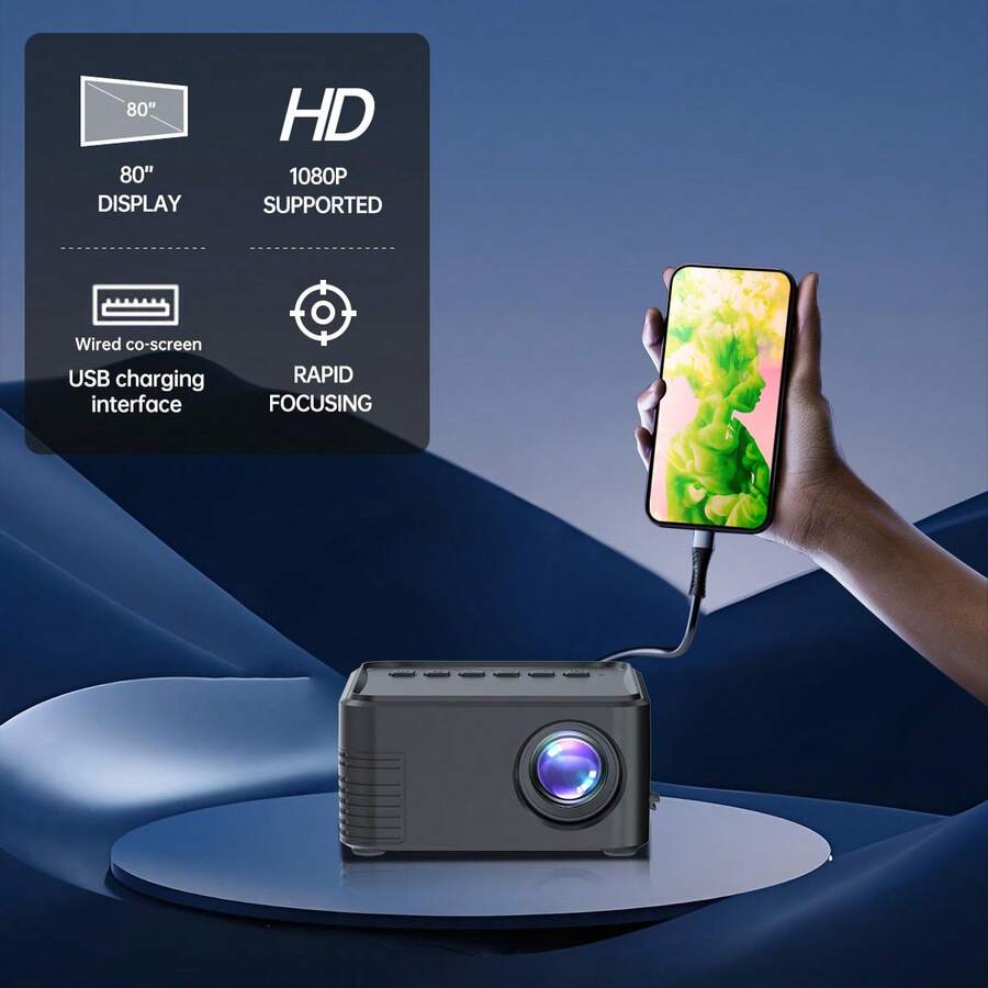 Máy chiếu [Mới nâng cấp] Mini thông minh di động, Hỗ trợ 1080P, Cấp nguồn qua USB, Tương thích với USB, AV, Điện thoại thông minh, Máy tính bảng, v.v. Thích hợp cho Rạp hát tại nhà và Cắm trại ngoài trời