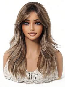 This 20-Inch Long, Wavy Brown Synthetic Wig With Long Curly Blonde Hair In The Middle Is A Cosplay Wig For Women's Daily Gatherings. It Is Suitable For Daily Wear During Holidays, Travels, Family Gatherings, And As A Gift For Halloween And Christmas - 挑染棕色 - 查看 2