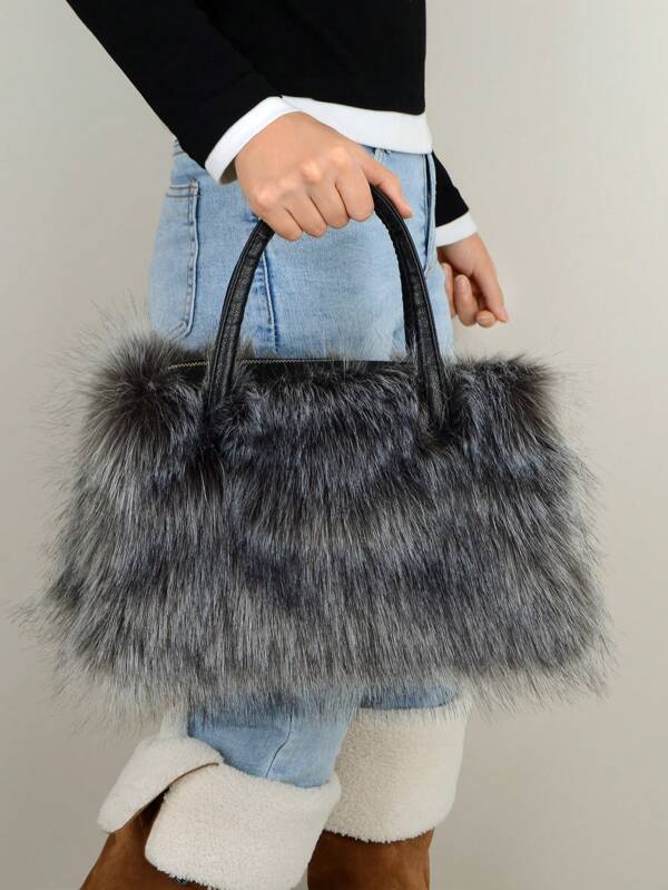 New Plush Wrist Strap Bag For Women, Autumn/Winter Faux Fur Clutch Bag, Fashion Handbag With Large Space, Faux Fur Tote Bag, Solid Color Faux Mink Fur Long Hair Bag, Big Capacity Square Tote Bag, Dark Gray