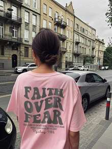 180g Faith Over Fear Christian Graphic-Shirt |   Women's Casual Vacation Bible Verse Tee |   Summer Round Neck Short Sleeve Top Summer-Shirt Women Casual Loose Top Letter Print Tee - 粉色 - 查看 6