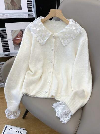Women's Solid Color Lace Trim Casual Long Sleeve Knit Cardigan