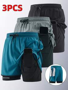 3 件套男友风格男士速干跑步训练健身短裤，夏季 - 灰色 - 查看 9