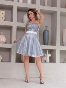 Short Party Dress With Shiny Lace Straps - Silver - View 2