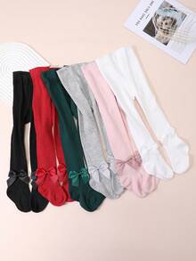 6 Pairs Girls' Simple Solid Color Tights, Cute Bow Decor, Versatile For Daily Wear, Suitable For All Seasons - Multicolor - View 4