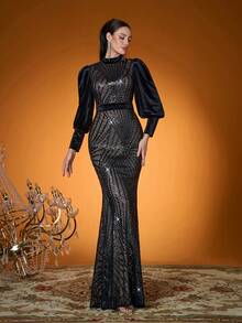 Lộng lẫy, Hàng mới về, Cổ cao, Đính sequin, Thanh lịch, Váy dạ hội, Thắt eo, Tay phồng, Ôm sát, Chân váy đuôi cá, Thích hợp cho tiệc tối, dự tiệc, váy dự đám cưới, váy dạ hội (Không định hình) - màu đen - Xem 1