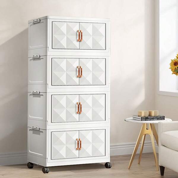 Wevalley Coffre de rangement en plastique, 4 boîtes de rangement pliables, pour chambre, salon, cuisine, blanc avec roulettes, tour de rangement