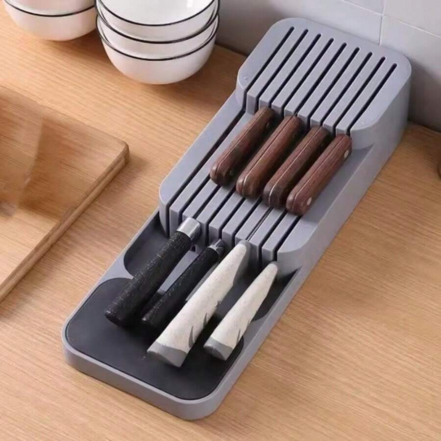 1 pieza Organizador práctico de cajón Caja de almacenamiento de separación de cuchillos Accesorio de cocina Bandeja para cubiertos Soporte para utensilios Estante de encimera Recipiente para vajilla Diseño compacto Solución de ahorro de espacio Organizador duradero Colores gris y verde Organizador moderno para el hogar Cocina Divisor de compartimentos Carro multiusos Elegante y funcional