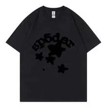 SP5DER 2025 Summer New Simple T-Shirt, 100 Percent Cotton Loose Comfortable Tees, Graphic T Shirts With  SP5DER Letters And Stars, Couples Matching Outfits - 黑色 - 查看 1