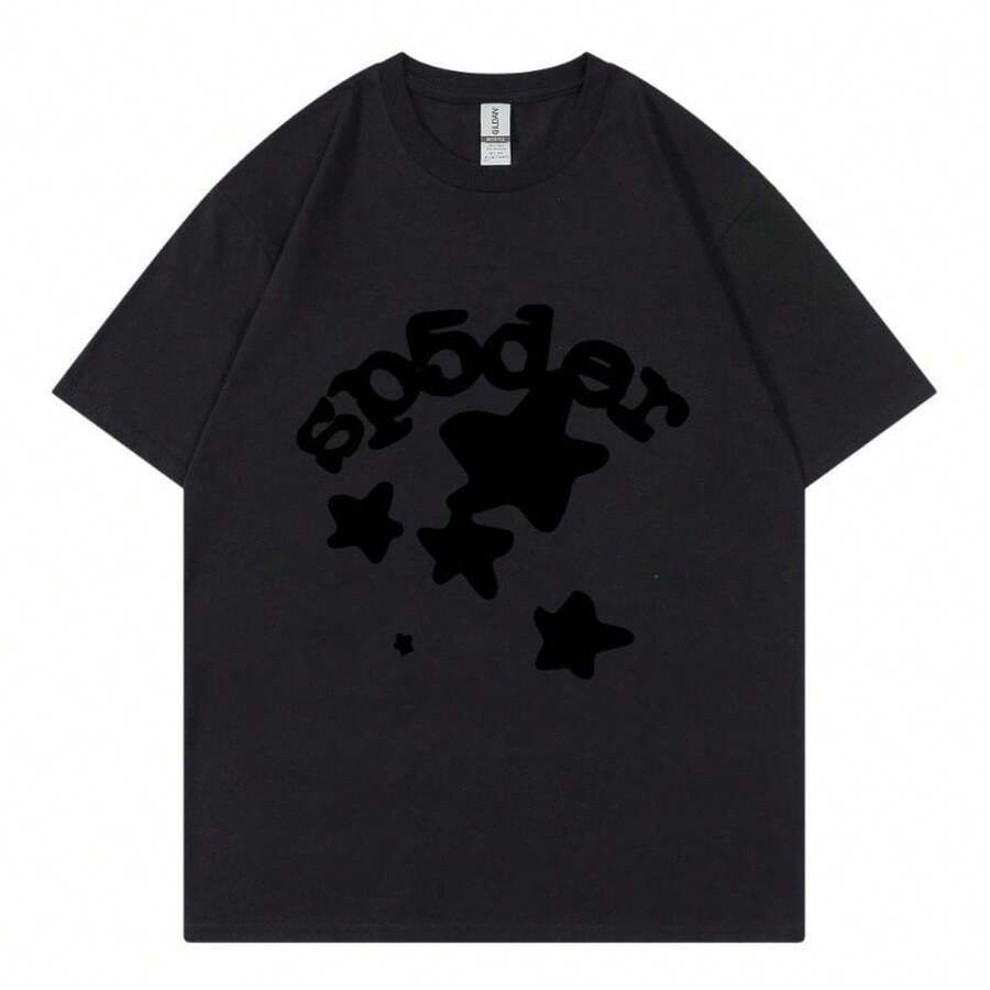 SP5DER 2025 Summer New Simple T-Shirt, 100 Percent Cotton Loose Comfortable Tees, Graphic T Shirts With  SP5DER Letters And Stars, Couples Matching Outfits - 黑色 - 查看 1