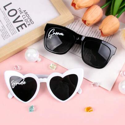 1/2pcs/Set Bride And Groom Sunglasses Wedding Decoration Black And White Heart Shaped Glasses Bachelor Party Supplies Bridal Shower Gift, Wedding Decoration, Photo Props