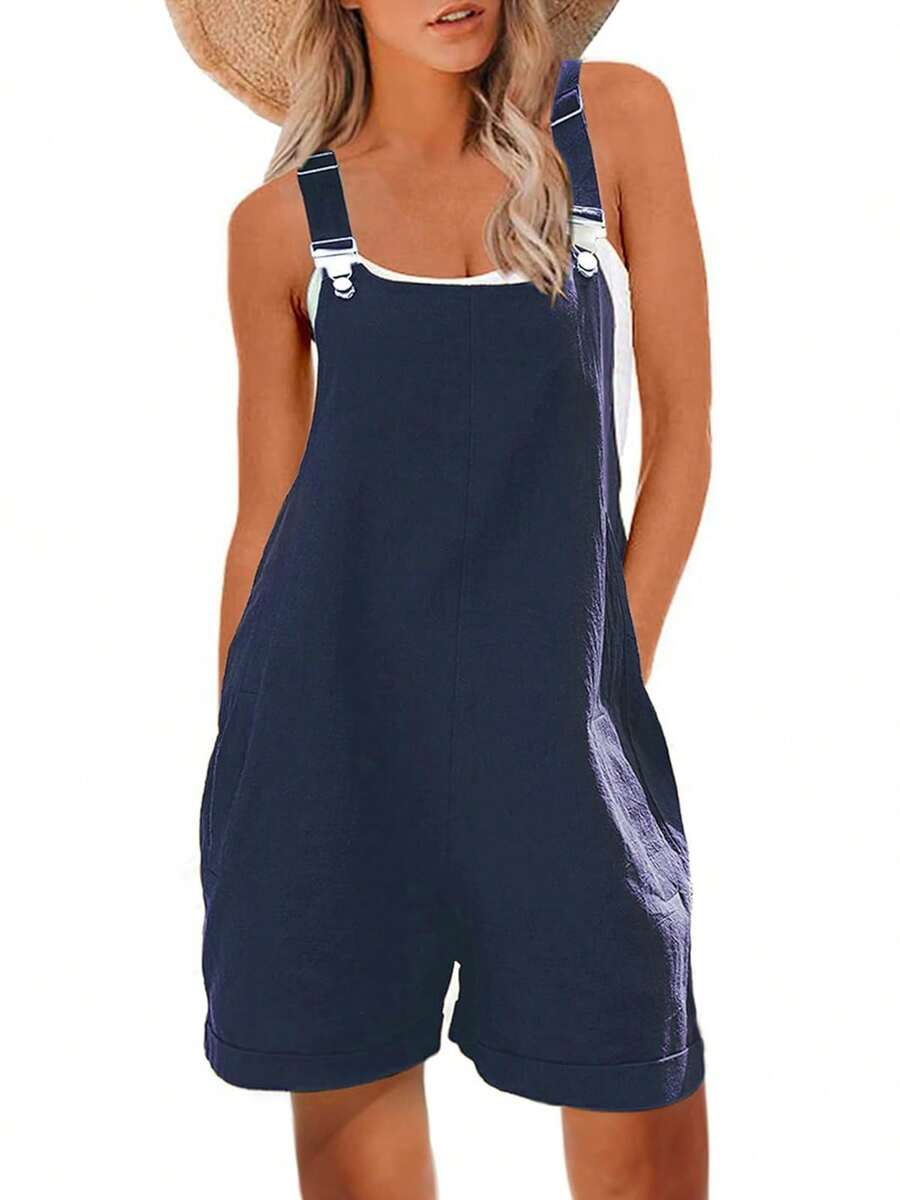 Fnortc Women's Summer Cotton Linen Short Overalls Casual Bib Overall Shorts Rompers With Pockets - Màu xanh hải quân - Xem 1