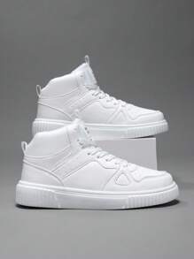 Men's High-Top Flat Sports Shoes, Lace-Up Solid Color Men's Outdoor Skate Shoes, 2024 New Casual Shoes For Men, Suitable For Outdoor Activities, Dating, All Seasons - White - View 2