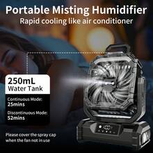 Ventilador recargable portátil de 20000mAh con luz LED y rociador de niebla, 2 boquillas de niebla, temporizador, carga USB de 5 velocidades, gancho para tienda/uso al aire libre