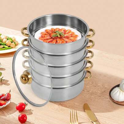eusmeyusnt eusmeyusn 5 Etagen Dampfkochtopf Edelstahl Dampfgarer Topf Mit Glasabdeckung 26cm Gold Silber Dampfkocher Geeignet für Gaskochfelder Induktionskochfelder und Elektrische Tontöpfe usw