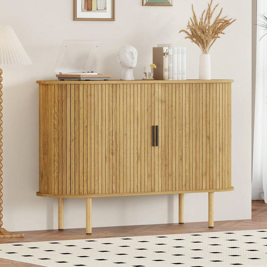 mteryoing Home Sideboard Buffet Cabinet With Storage, 47" Mid Century Modern Accent Cabinet, Sliding Door Entryway Small Storage Cabinets For Kitchen, Living Room, Entryway - 橡木 - 查看 1