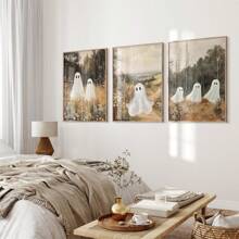 3 件套墙面艺术海报（可选框架）鬼魂墙面艺术，秋季恐怖万圣节 3 件套印刷品，秋季乡村风景画，鬼魂万圣节装饰，可打印