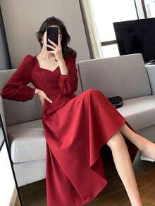 Vestidos largos de mujer Hepburn vintage cuello en v largo temperamento vestidos largos - Rojo - Ver 2