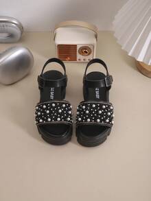 1 Pair Girls' Outdoor Sandals, New Summer Round Toe Patch Design, Shiny Thick Non-Slip Durable Sole, Fashionable Children's Roman Sandals - Black - View 5