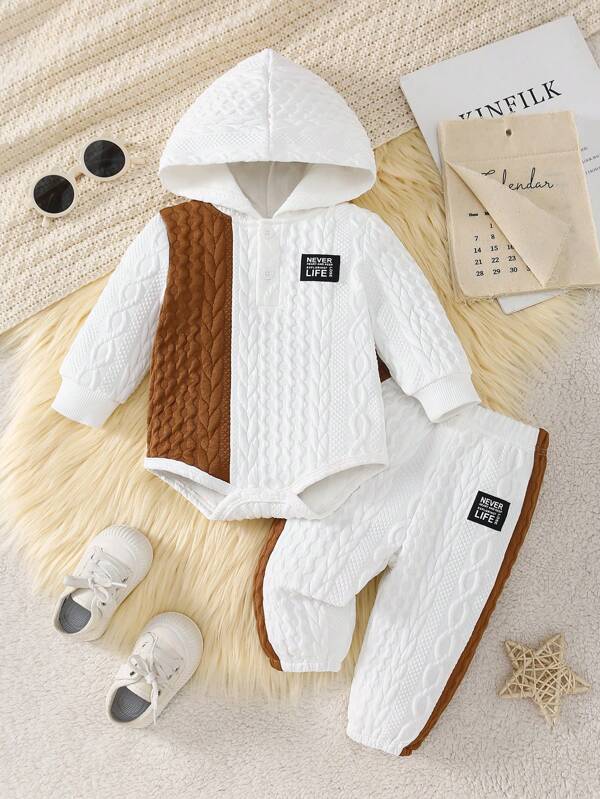 2 pièces/set Bodies et pantalons assortis à capuche mi-zip colorblocks décontractés et élégants pour jeune garçon, printemps/automne