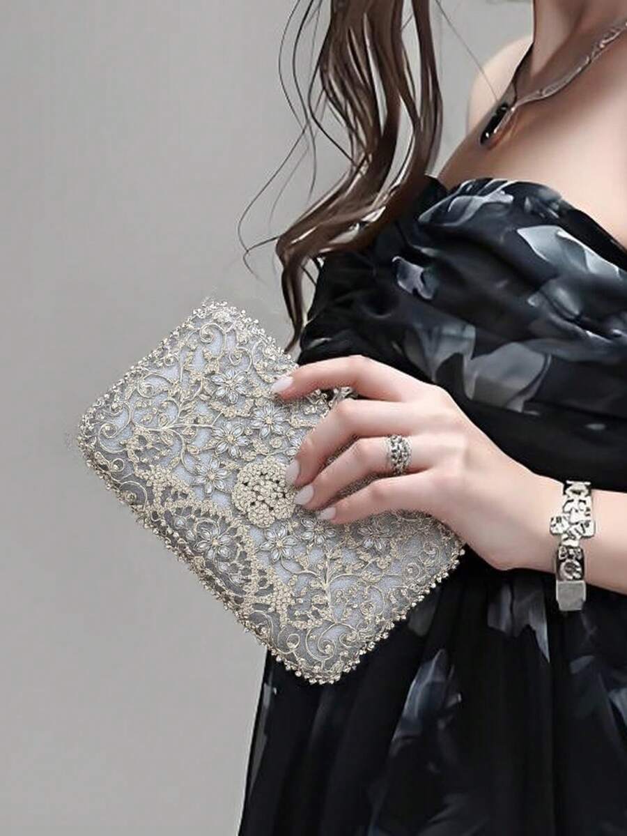 小巧金色水钻镶嵌晚宴手拿包，金属手柄派对手提包，婚礼新娘钱包，链条单肩包