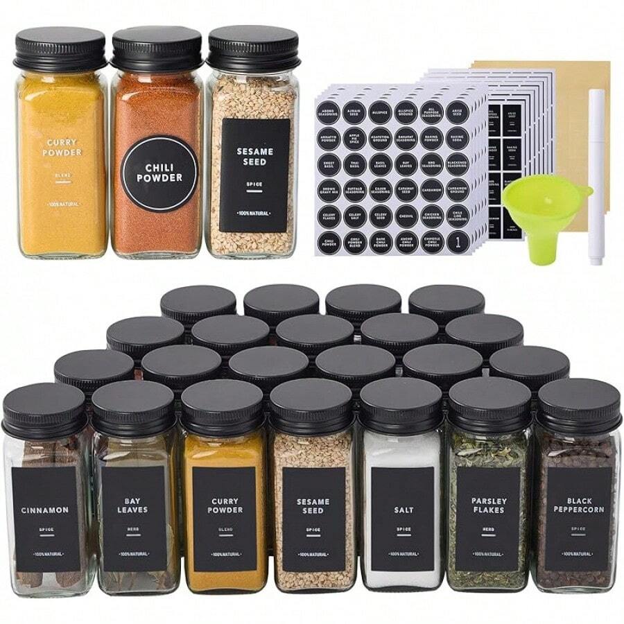 48 Glass Spice Jars With 576 Labels-Spice Jars With Black Metal Caps, 4oz Empty Square Spice Containers With Shaker Lids, Funnel, Chalk Pen, Seasoning Bottles For Spice Rack, Drawer, Cabinet - 24 - 查看 1