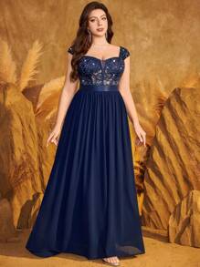 加大码深V领透视亮片拼接蕾丝撞色雪纺长裙，适合舞会、正式派对、新年、婚礼宾客、返校节、生日、毕业典礼、晚宴、正式活动、仪式等场合。 - 藏蓝色 - 查看 6