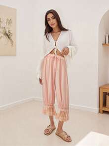 Women Lace Trim Bloomers Casual Elastic Mid Rise Ruffle Cropped Pants Loose Slips Trousers Comfort Bottoms - 香檳色 - 查看 5