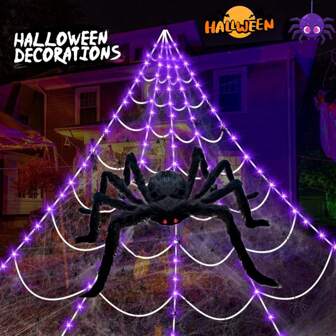 1pc Halloween Spider Web Lights With 16.4FT Giant Spider Web And 200LED Purple String Light & 1 1.5M/4.92Ft. Large Spider & 20 Small Black Spiders & 40g Stretch Cobweb & 50PCS Ties Outdoor Waterproof Lamp With 8 Lighting Modes Perfect For Home Outdoor Party Holiday Garden Halloween Decoration (DIY Decorative Use,Spider Can Single Buy)