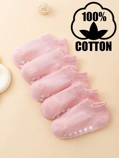 5 Pairs Baby Solid Color Heart Dot Anti-Slip Floor Socks, Comfortable Breathable For Newborns