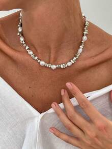 1 件时尚不对称仿珍珠锁骨链，简约扁平仿巴洛克串珠项链首饰，适合日常佩戴、音乐节和拍照 - 彩色 - 查看 3