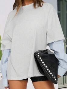 Women Fake Two-Piece Fall T-Shirts Loose Contrast Striped Long Sleeve Round Neck Oversized Tops Casual Streetwear - Grey - View 2