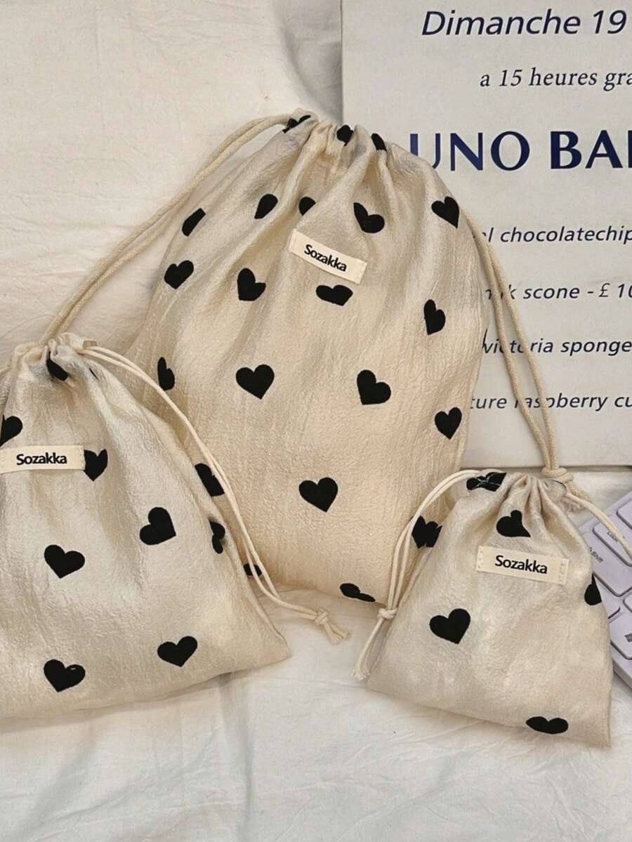 3 件香槟色心形抽绳袋，小物品收纳袋，便携式洗漱包化妆包旅行必备包，适合学校度假度假返校用品化妆包旅行包女士