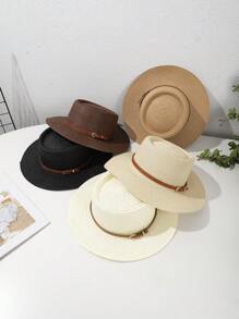 قبعة قش بوهيمية بإبزيم جلد بني محدب مسطح، مناسبة للاستخدام الخارجي في الصيف والسفر والعطلات