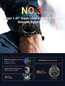 BLACKVIEW Smart Watch W50 Pro Global Version 1.45-Inch Super-Clear Display & Largest 960mAh Battery 360*360 Resolution Super-Bright LED Flashlight GoMore Sleep Tracking Algorithms Supports 22 Languages High-Quality Separate Wireless BT Calling Compatible With IOS/Android - Black - View 6
