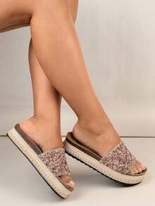 Glittery Wedge Platform Strap Slide Sandals, Elegant Raised Sole Slippers - Berwarna merah muda - View 5