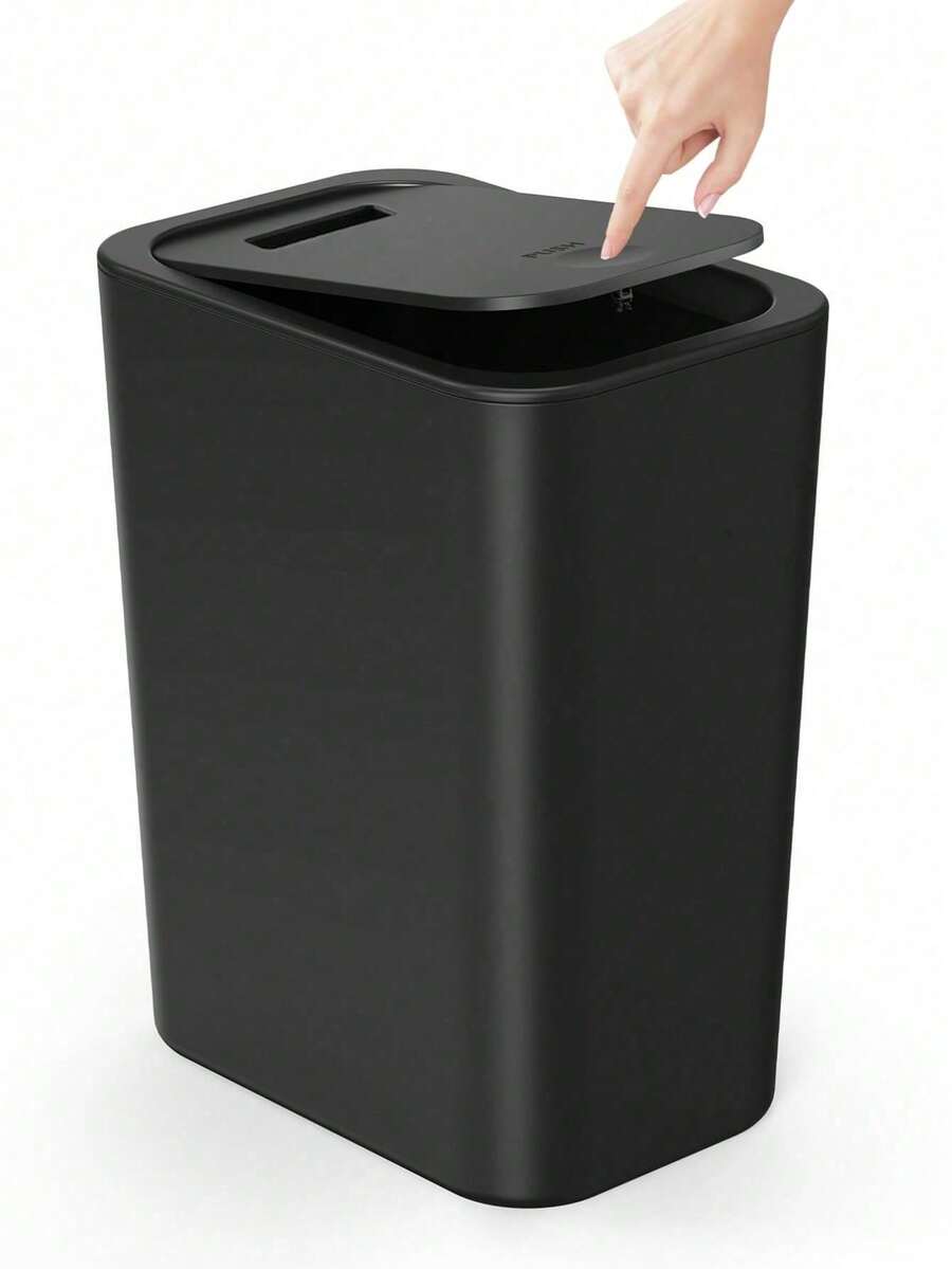 1 PC Bathroom Trash Can With Lid, 2.6 Gallon Small Black Trash Can, Garbage Bin With Snap Top Lid, Dog Proof, Plastic Waste Basket For Bedroom, Toilet And