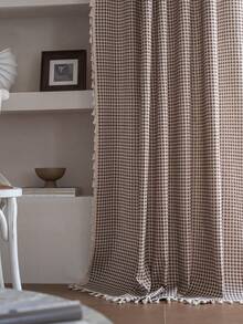 Bubaba 1pc Checkered Print Curtain, Simple & Fresh Cute Style Beige Tassel Blackout Curtain, Suitable For Children's Room, Dining Room, Hotel Bedroom, Holiday, Party, Bohemian