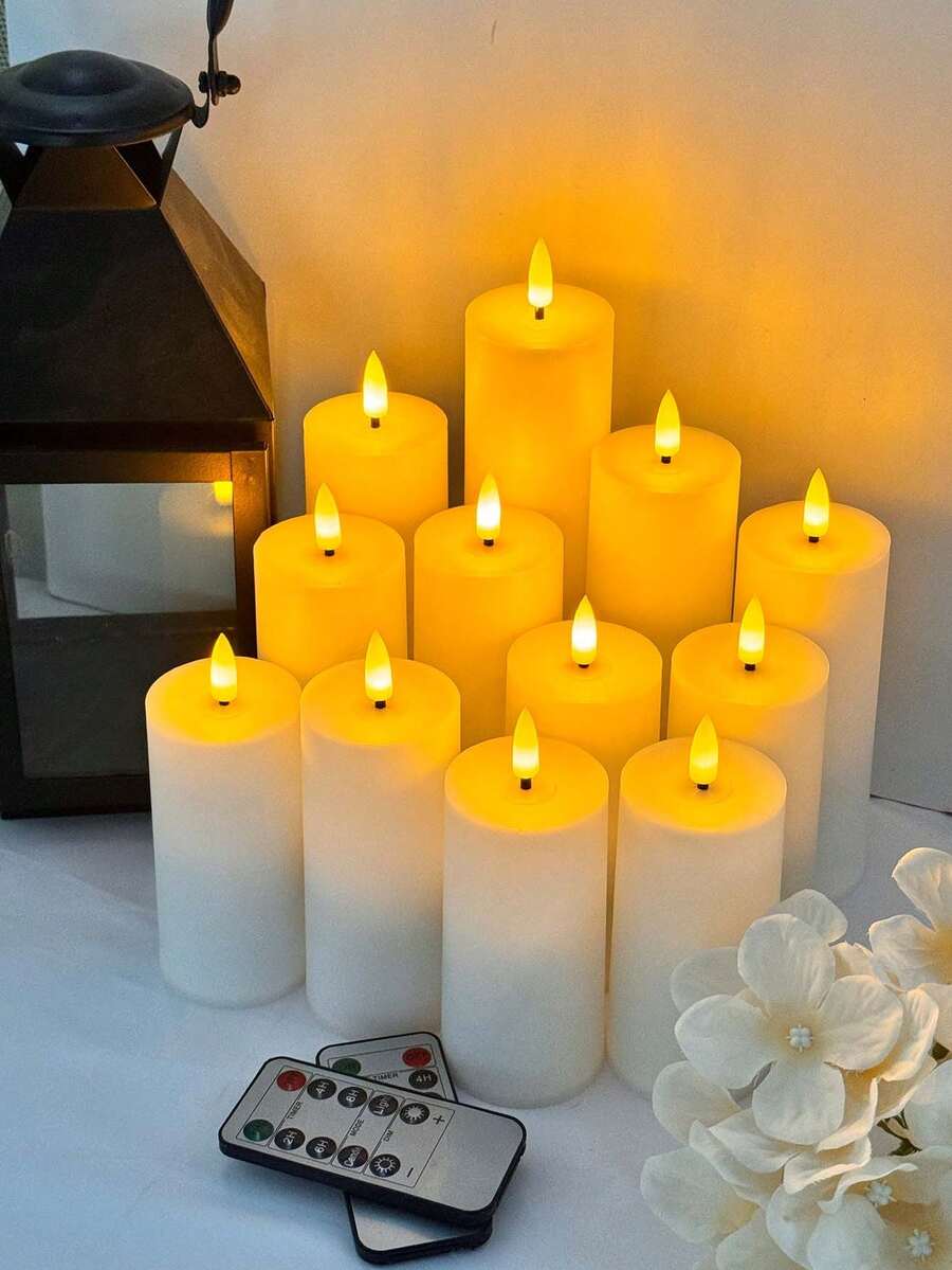 4/12pcs Flameless Candles, Battery Operated LED Candles With Timer And Remote Control, Plastic Electric Fake Candles That Won't Melt, Ivory Color Warm Flame Candles, Suitable For Home, Various Holiday Atmosphere Lights For Outdoor, Indoor, Patio, Christmas, Halloween, Easter, Graduation, Valentine's Day, Wedding, Party Decor - 米色 - 查看 1