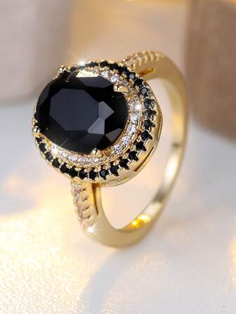 1pc Elegant Oval Black Synthetic Zirconia Gold Plated Women's Ring, Suitable For Festivals, Parties, Daily Wear, Durable And Stylish Accessory