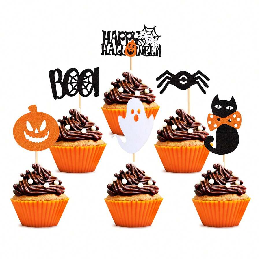 12 Peças de Palitos Decorativos para Cupcakes com Tema de Halloween, Mão de Zumbi, Múmia, Gato, Lua, Fantasma, Corvo para Decorações de Festa de Aniversário