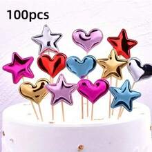 100pcs Star & Heart Shaped Cake Decorations, Suitable For Cupcakes And Birthday Cakes - Multicolor - View 1