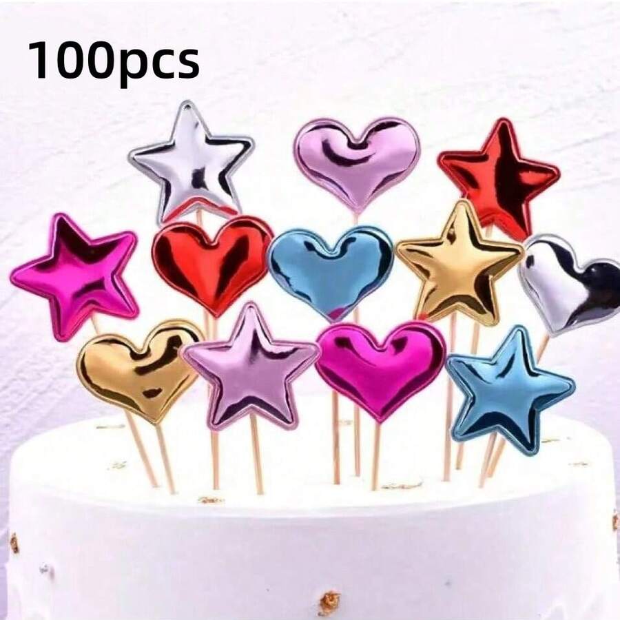 100pcs Star & Heart Shaped Cake Decorations, Suitable For Cupcakes And Birthday Cakes - Multicolor - View 1