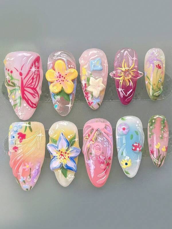 10 Piezas de Uñas Postizas de Almendra - Uñas Falsas de Gel con Flores 3D, Uñas de Verano Coloridas con Diseño de Mariposa, Puntas de Uñas Brillosas Transparentes para Niñas Dulces (Pegamento y Lima Incluidos)