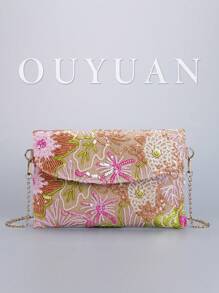亮片刺绣信封包，女士时尚亮片拼布翻盖钱包，亮片拼布刺绣晚宴包，撞色条纹拼布随机刺绣手拿包，适合女士购物、旅游、聚会、送礼