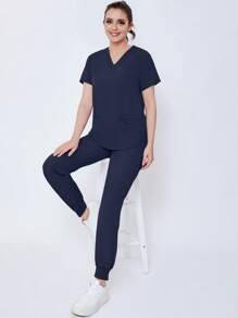 Women's Matte Stretch Jogging Nurse Uniform Scrub Top And Pants Set With Pockets, Breathable Brush Hand Clothing