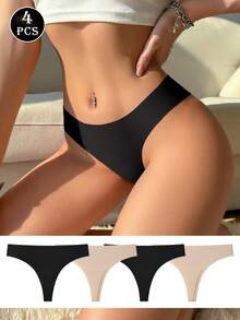 4-Pack Of Premium Women's Seamless Thongs - Invisible Nylon Stretch Briefs, Black + Skin Color Combination, Sizes XS-L Available, Perfect For Everyday Comfort And Style, Everyday Comfort Women's Panties Elastic Material - 彩色 - 查看 3