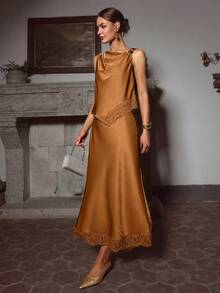 Sollinarry 女士新款缎面蕾丝拼接金属装饰无袖上衣和半裙两件套，派对礼服，婚礼宾客装扮，适合圣诞节、新年和夏季穿着 - 棕色 - 查看 4