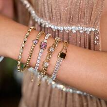 粉色方形锆石情侣手链手镯不锈钢高档珠宝新品独特奢华闪亮手链