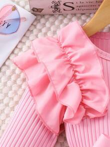 Toddler Girls' Long Sleeve Round Neck Frill Trim Ribbed Contrast Mesh Dress, Sweet & Cute, Versatile For Autumn/Winter - Pink - View 4